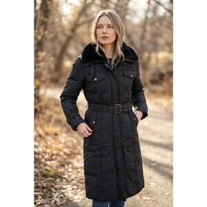 JOINUS BLACK FUR TRIM DOWN BELT MIDI PUFFER COAT SZ M (66)